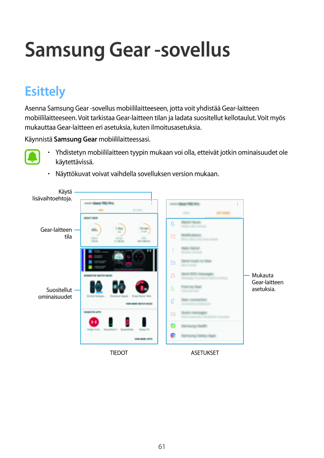 Samsung SM-R365NZKANEE, SM-R365NZKNNEE, SM-R365NZRNNEE, SM-R365NZRANEE manual Samsung Gear -sovellus, Esittely 