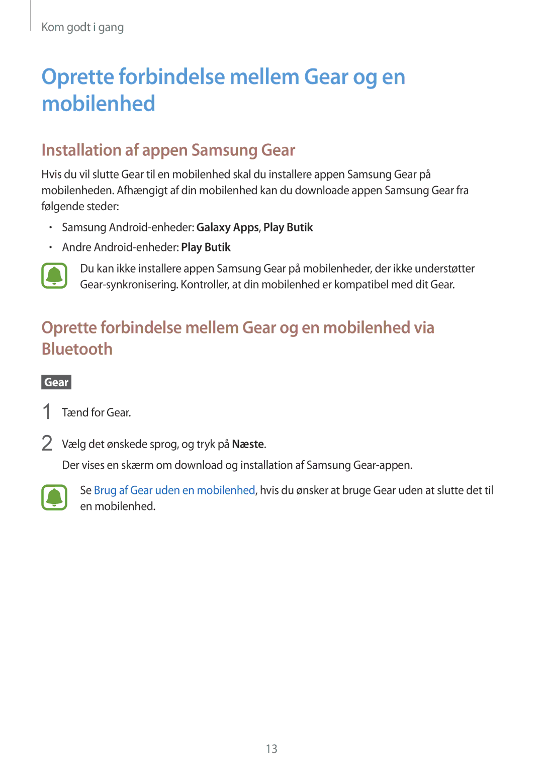 Samsung SM-R365NZKANEE manual Oprette forbindelse mellem Gear og en mobilenhed, Installation af appen Samsung Gear 