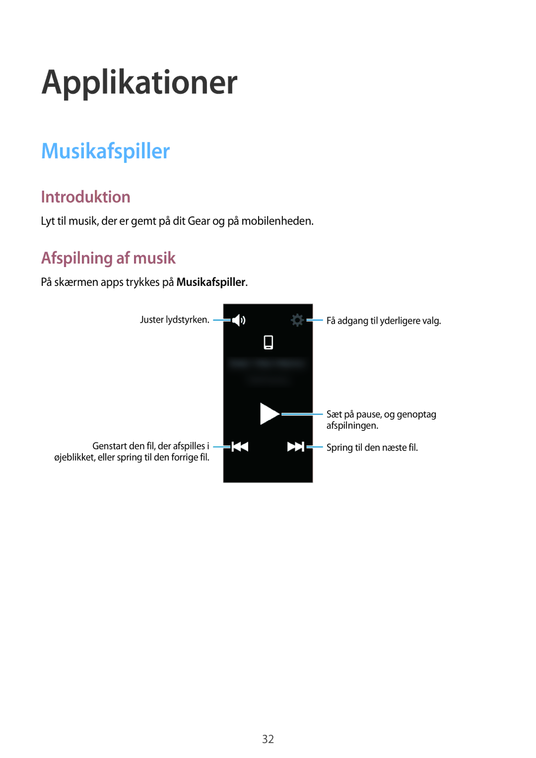 Samsung SM-R365NZKNNEE, SM-R365NZKANEE, SM-R365NZRNNEE, SM-R365NZRANEE manual Musikafspiller, Afspilning af musik 