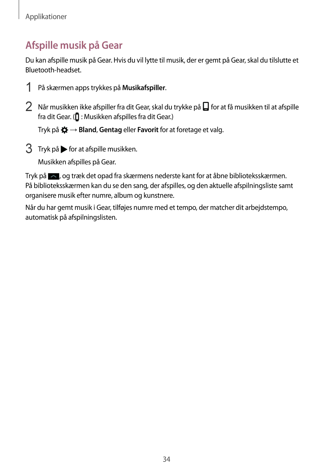 Samsung SM-R365NZRNNEE, SM-R365NZKNNEE, SM-R365NZKANEE, SM-R365NZRANEE manual Afspille musik på Gear 