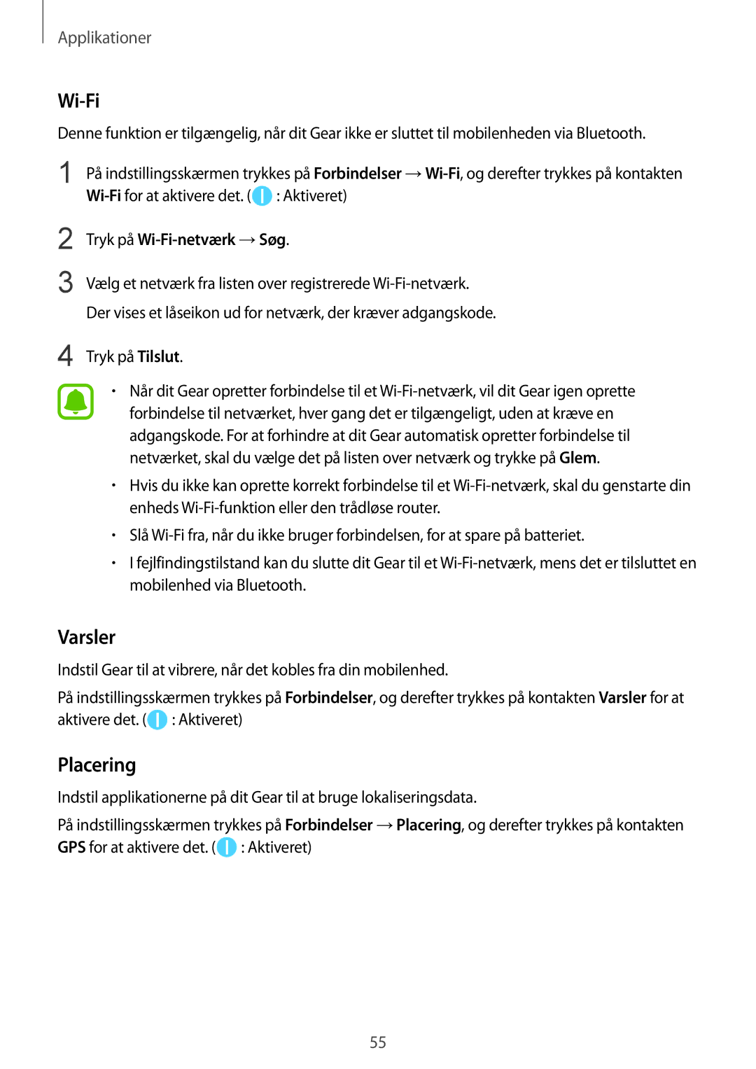 Samsung SM-R365NZRANEE, SM-R365NZKNNEE, SM-R365NZKANEE, SM-R365NZRNNEE manual Wi-Fi, Varsler, Placering 