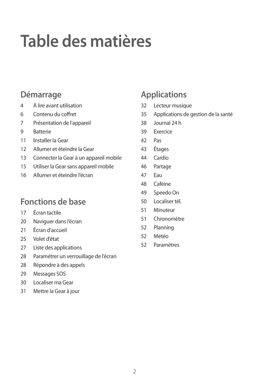 Samsung SM-R365NZKAXEF, SM-R365NZRAXEF, SM-R365NZKNXEF, SM-R365NZRNXEF manual Table des matières 