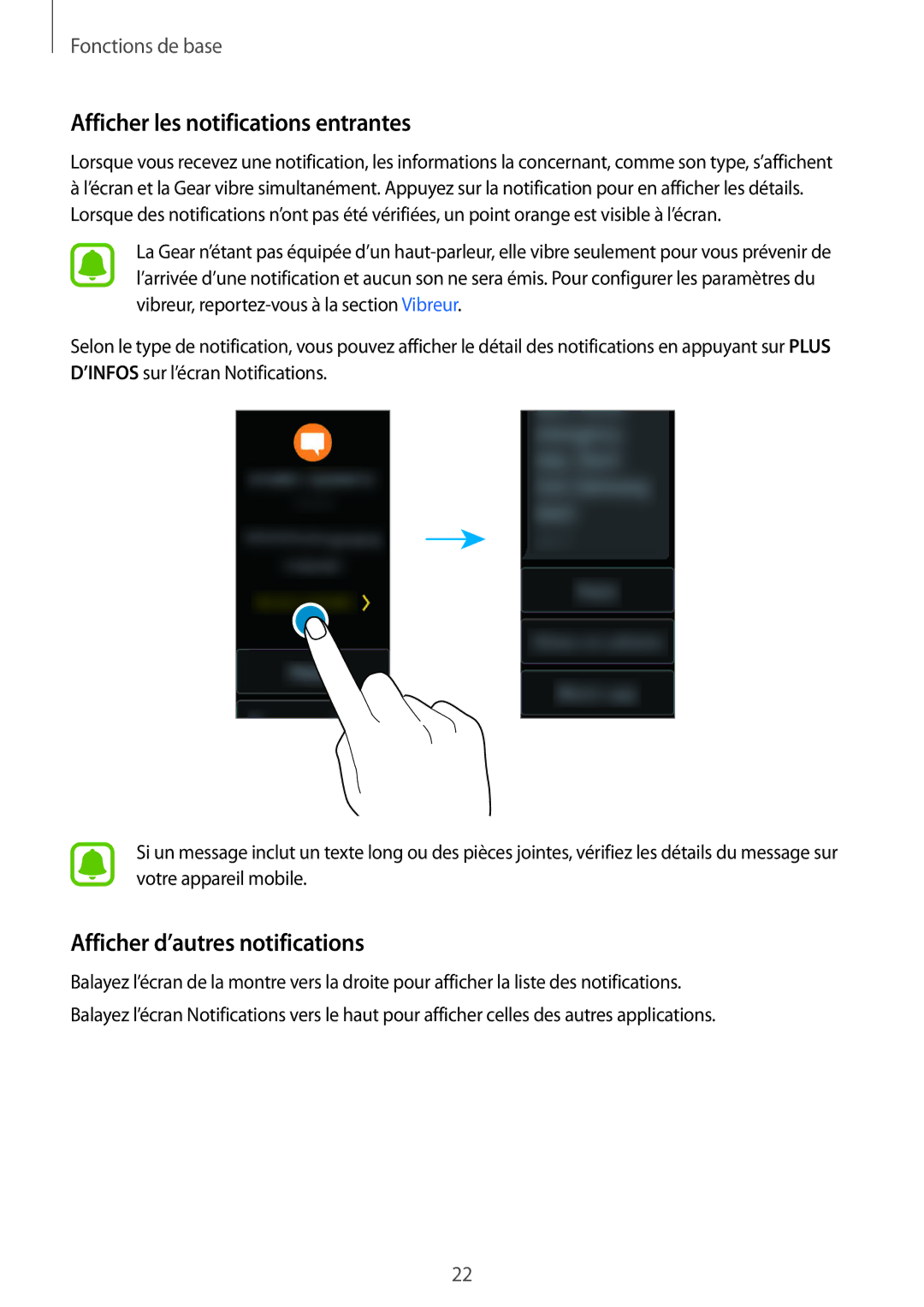 Samsung SM-R365NZKAXEF, SM-R365NZRAXEF manual Afficher les notifications entrantes, Afficher d’autres notifications 