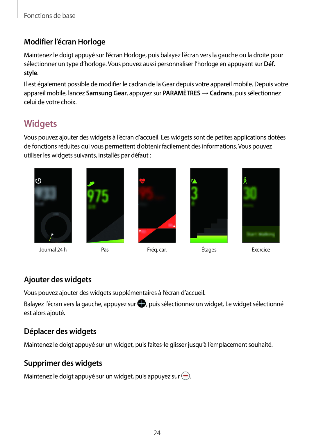 Samsung SM-R365NZRAXEF Widgets, Modifier l’écran Horloge, Ajouter des widgets, Déplacer des widgets, Supprimer des widgets 