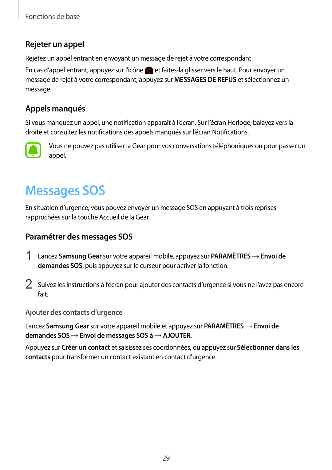 Samsung SM-R365NZKNXEF, SM-R365NZRAXEF manual Messages SOS, Rejeter un appel, Appels manqués, Paramétrer des messages SOS 