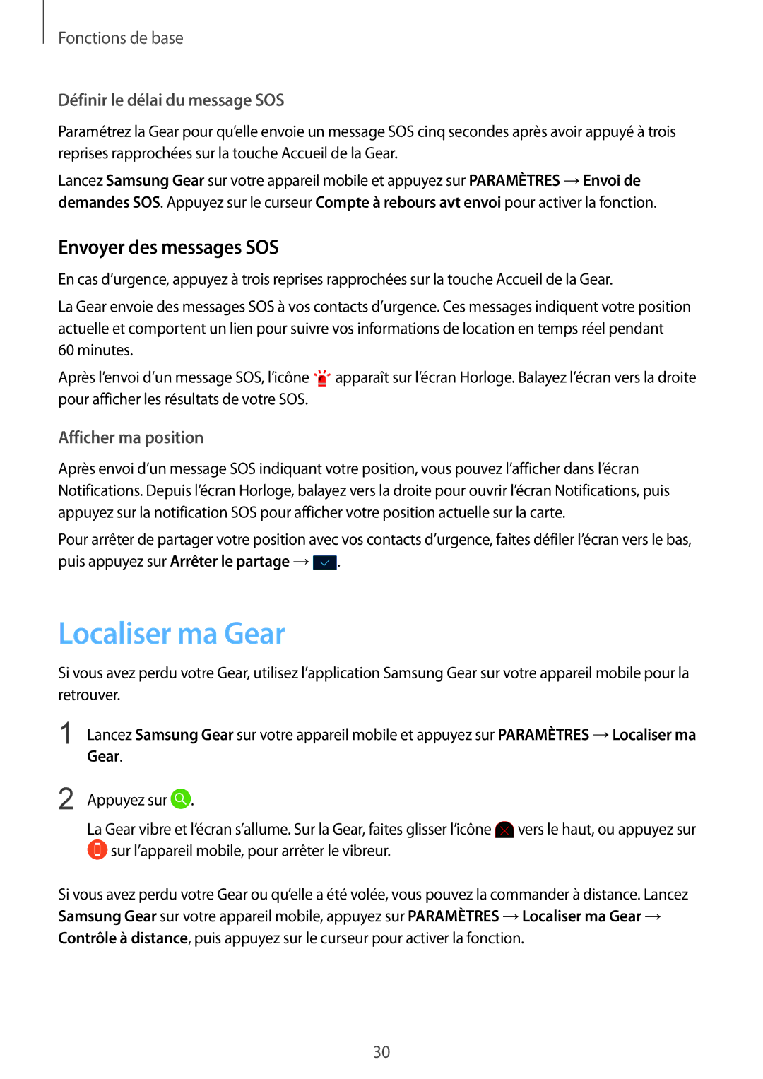 Samsung SM-R365NZKAXEF, SM-R365NZRAXEF, SM-R365NZKNXEF, SM-R365NZRNXEF manual Localiser ma Gear, Envoyer des messages SOS 