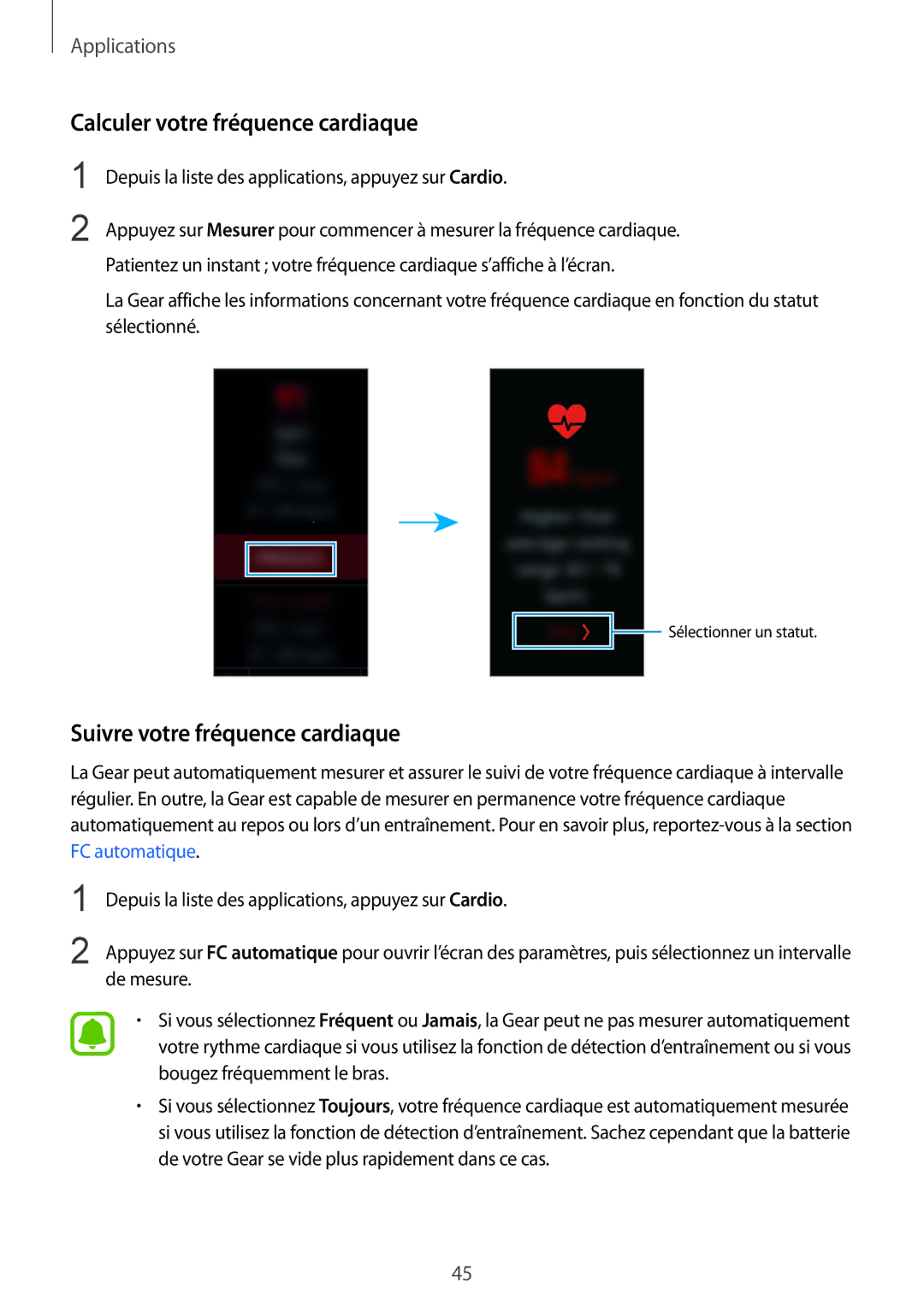 Samsung SM-R365NZKNXEF, SM-R365NZRAXEF, SM-R365NZKAXEF Calculer votre fréquence cardiaque, Suivre votre fréquence cardiaque 