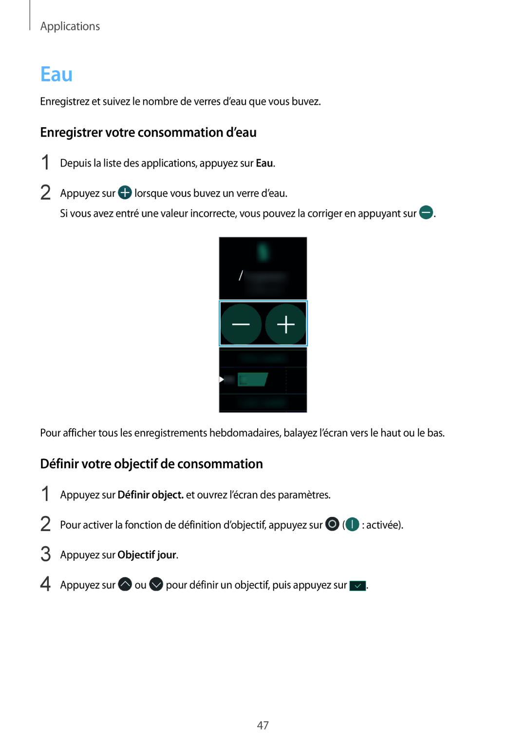 Samsung SM-R365NZRNXEF, SM-R365NZRAXEF Eau, Enregistrer votre consommation d’eau, Définir votre objectif de consommation 