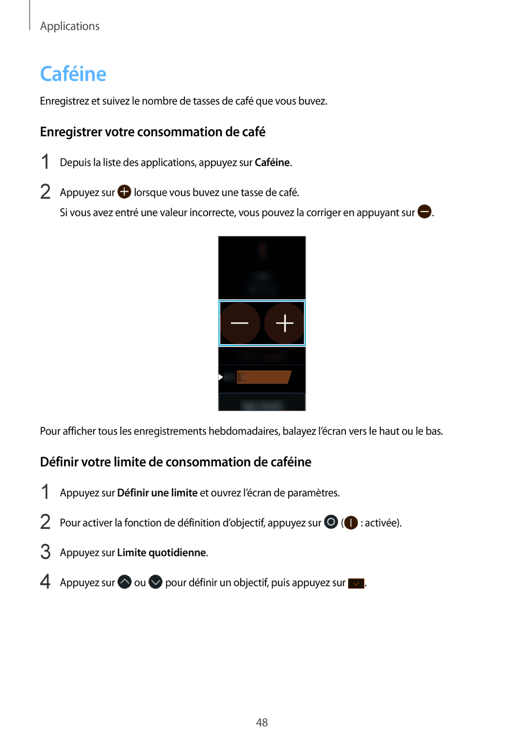 Samsung SM-R365NZRAXEF Caféine, Enregistrer votre consommation de café, Définir votre limite de consommation de caféine 