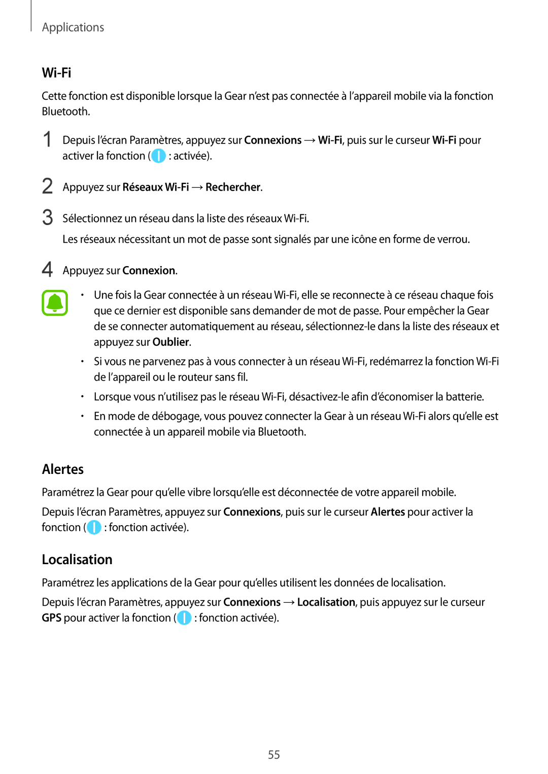 Samsung SM-R365NZRNXEF, SM-R365NZRAXEF, SM-R365NZKNXEF, SM-R365NZKAXEF manual Wi-Fi, Alertes, Localisation 