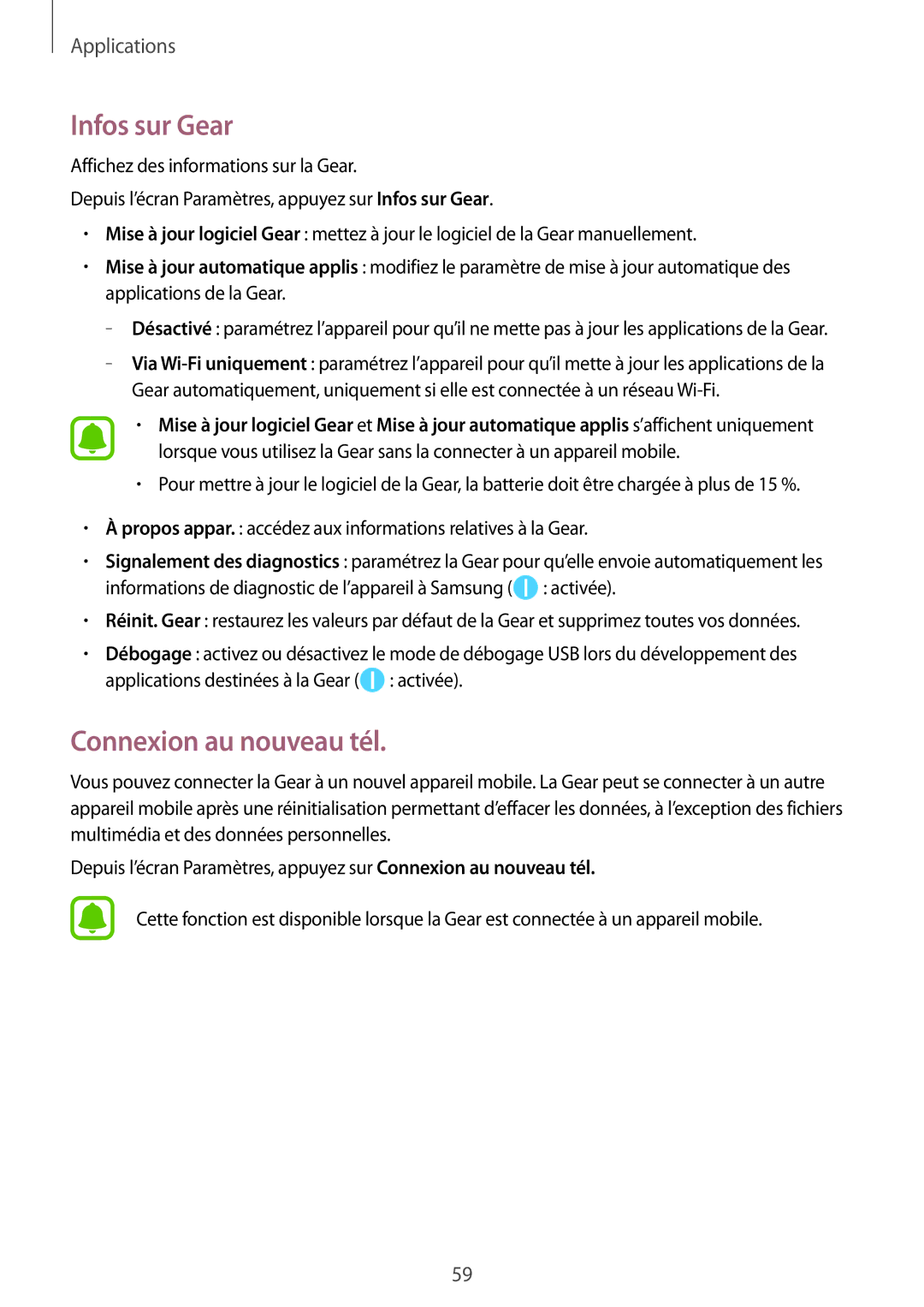 Samsung SM-R365NZRNXEF, SM-R365NZRAXEF, SM-R365NZKNXEF, SM-R365NZKAXEF manual Infos sur Gear, Connexion au nouveau tél 