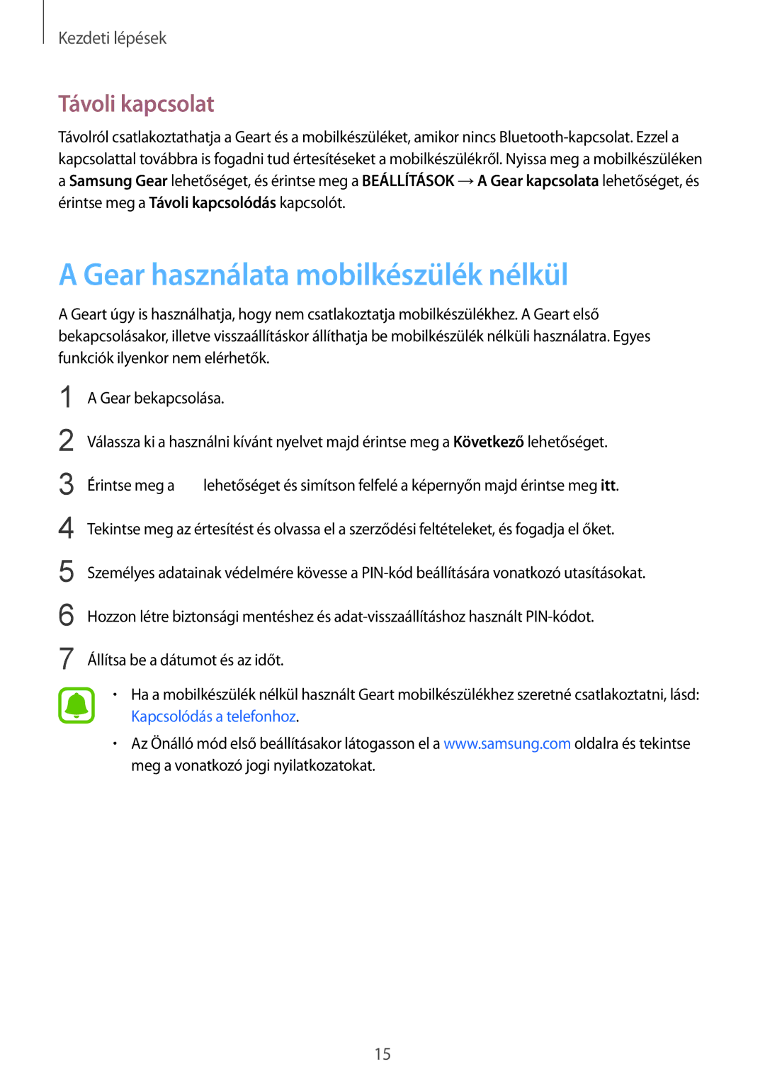 Samsung SM-R365NZKNXEH, SM-R365NZRAXEH, SM-R365NZRNXEH manual Gear használata mobilkészülék nélkül, Távoli kapcsolat 