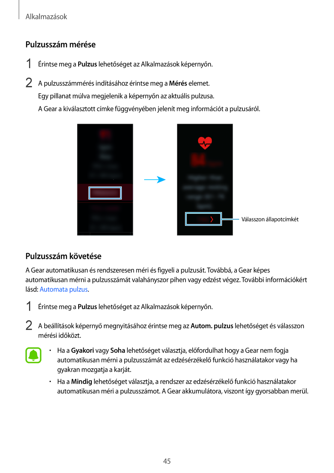 Samsung SM-R365NZRNXEH, SM-R365NZRAXEH, SM-R365NZKAXEH, SM-R365NZKNXEH manual Pulzusszám mérése, Pulzusszám követése 