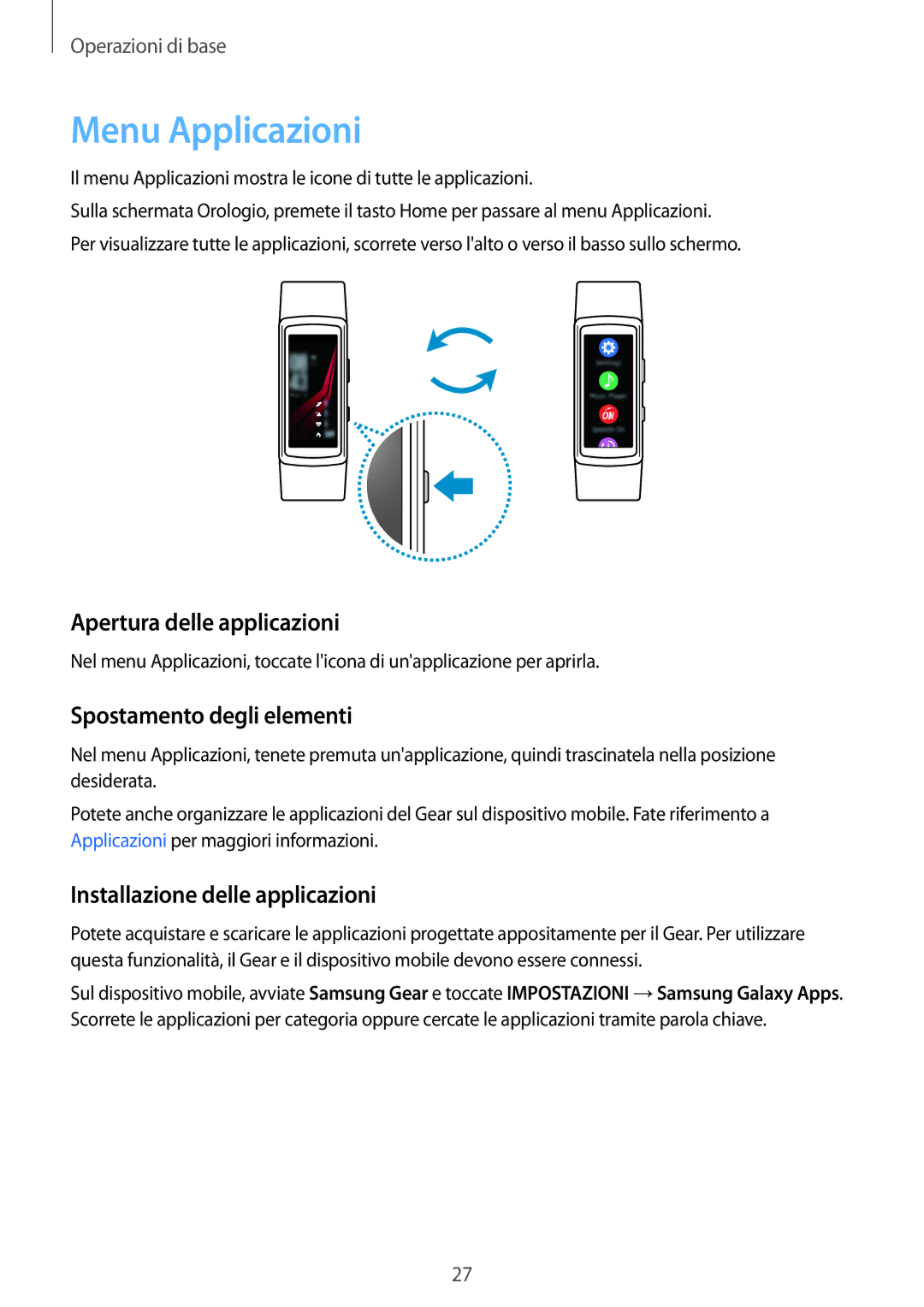 Samsung SM-R365NZKNITV, SM-R365NZRNITV manual Menu Applicazioni, Apertura delle applicazioni, Spostamento degli elementi 