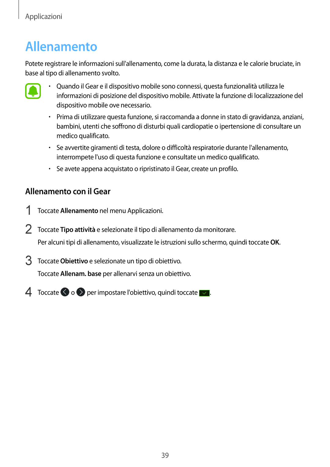 Samsung SM-R365NZKNITV, SM-R365NZRNITV, SM-R365NZRAITV, SM-R365NZKAITV manual Allenamento con il Gear 