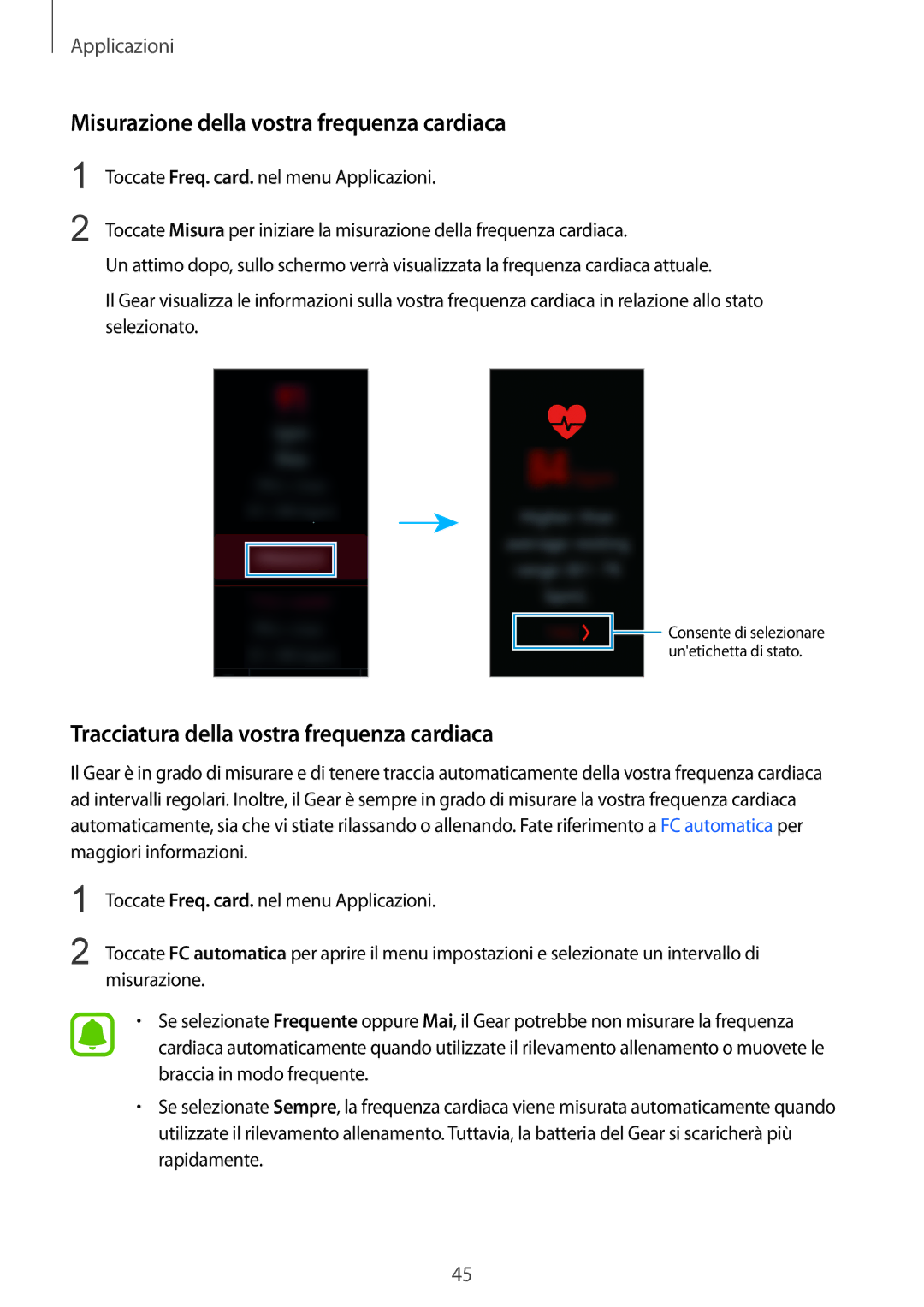 Samsung SM-R365NZRAITV manual Misurazione della vostra frequenza cardiaca, Tracciatura della vostra frequenza cardiaca 