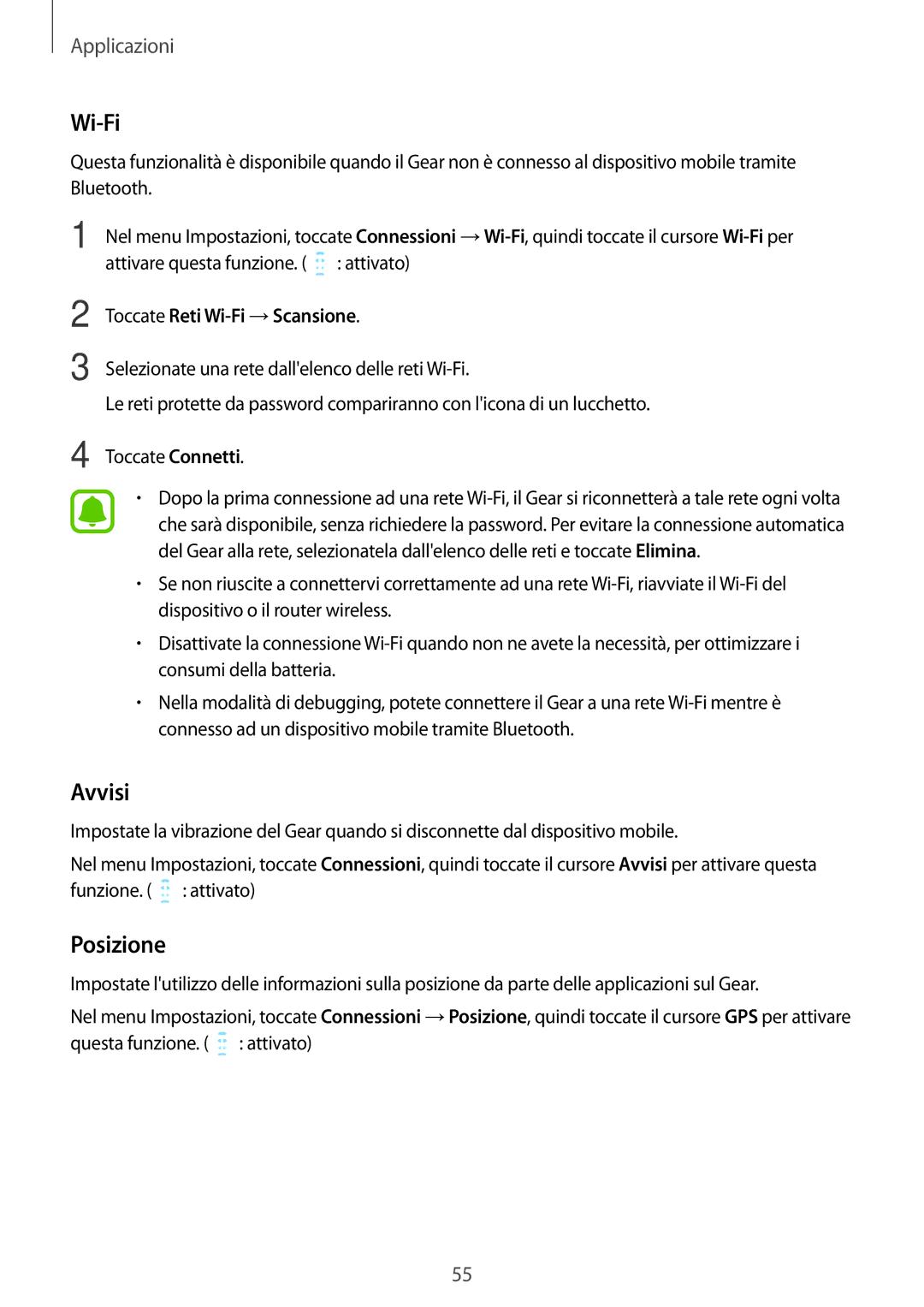 Samsung SM-R365NZKNITV, SM-R365NZRNITV, SM-R365NZRAITV, SM-R365NZKAITV manual Wi-Fi, Avvisi, Posizione 