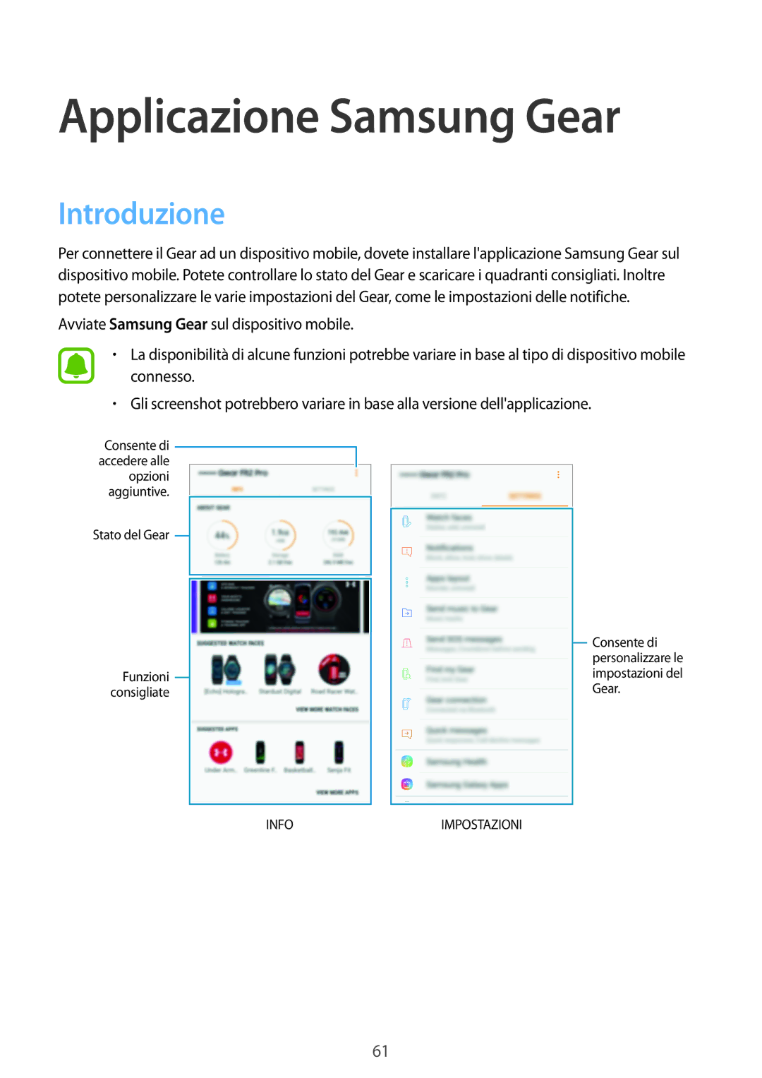 Samsung SM-R365NZRAITV, SM-R365NZRNITV, SM-R365NZKAITV, SM-R365NZKNITV manual Applicazione Samsung Gear, Introduzione 