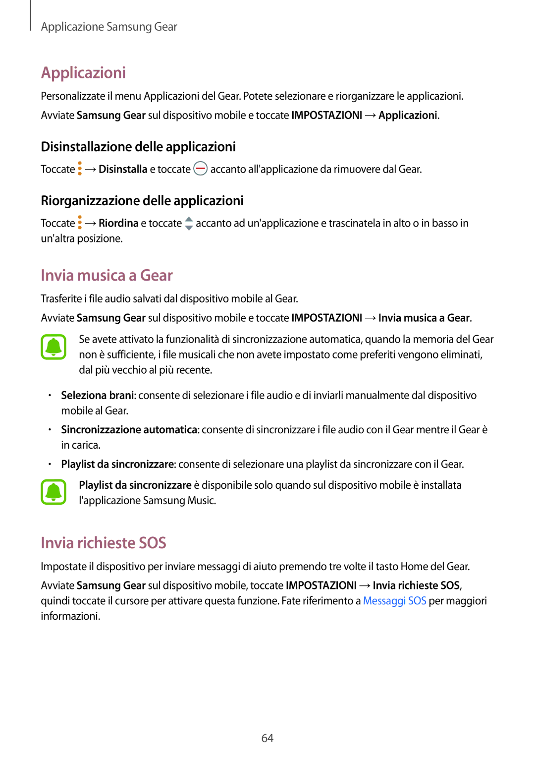 Samsung SM-R365NZRNITV manual Applicazioni, Invia musica a Gear, Invia richieste SOS, Riorganizzazione delle applicazioni 