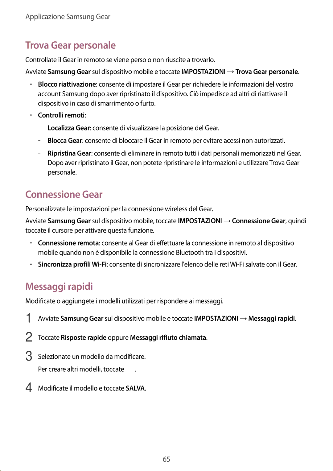 Samsung SM-R365NZRAITV, SM-R365NZRNITV, SM-R365NZKAITV manual Trova Gear personale, Connessione Gear, Messaggi rapidi 