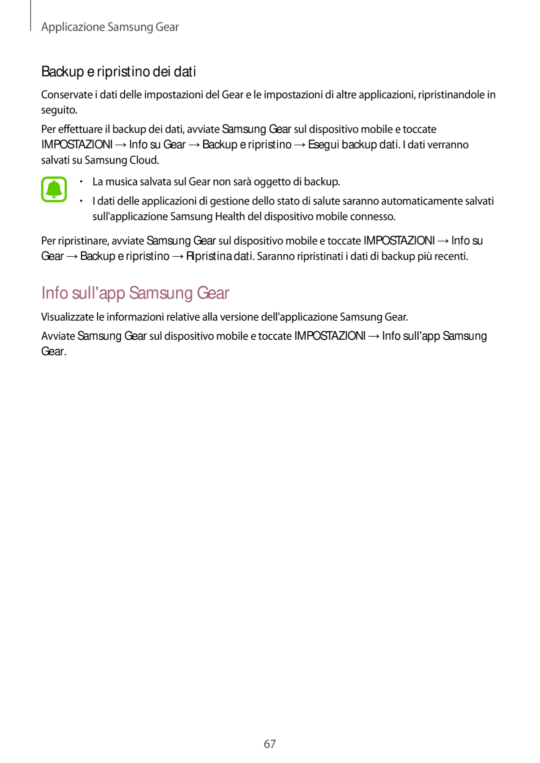 Samsung SM-R365NZKNITV, SM-R365NZRNITV, SM-R365NZRAITV manual Info sullapp Samsung Gear, Backup e ripristino dei dati 