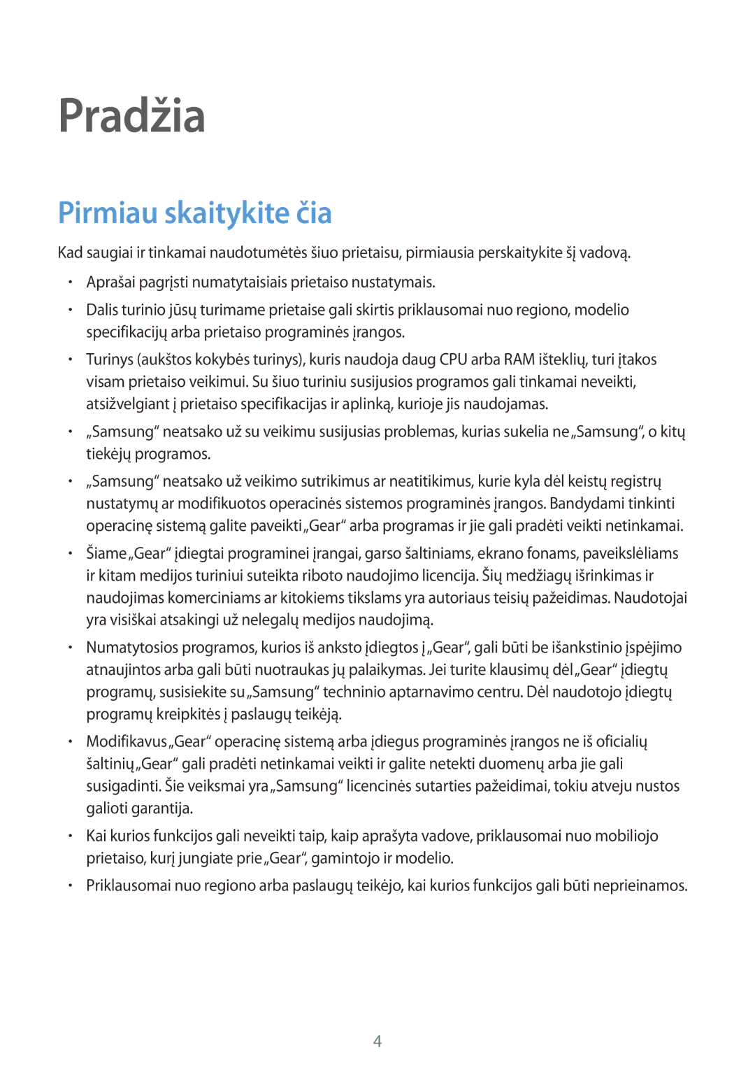 Samsung SM-R365NZRNSEB, SM-R365NZRASEB, SM-R365NZKNSEB, SM-R365NZKASEB manual Pradžia, Pirmiau skaitykite čia 