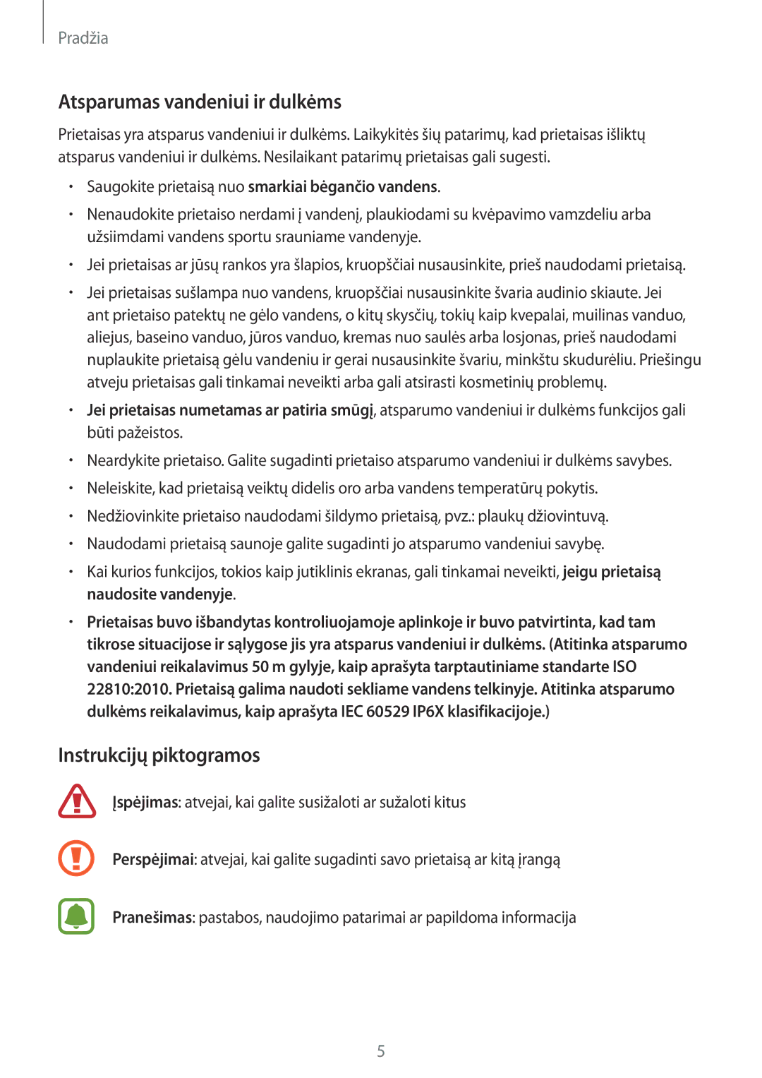 Samsung SM-R365NZRASEB, SM-R365NZRNSEB, SM-R365NZKNSEB manual Atsparumas vandeniui ir dulkėms, Instrukcijų piktogramos 