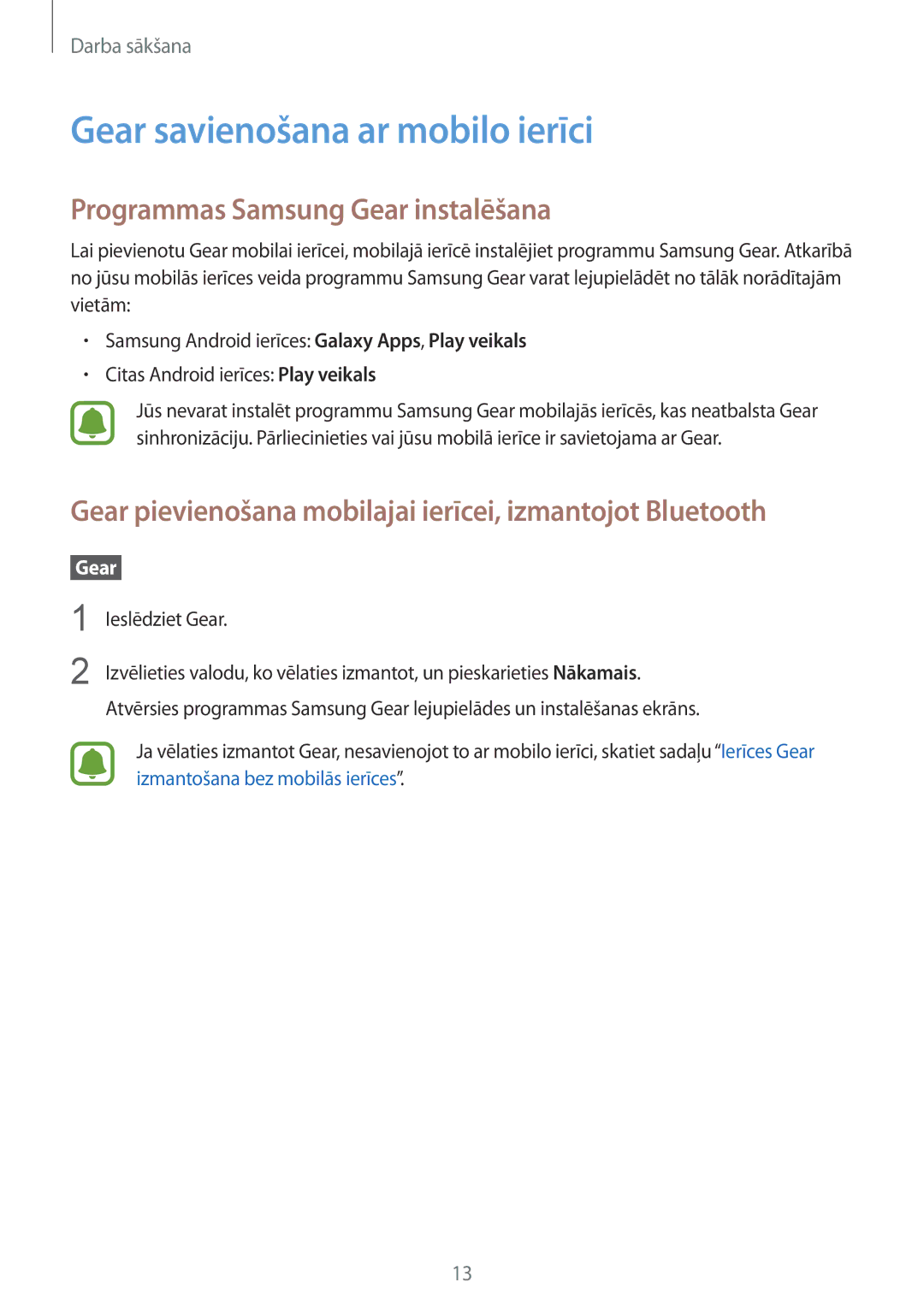 Samsung SM-R365NZRASEB manual Gear savienošana ar mobilo ierīci, Programmas Samsung Gear instalēšana, Ieslēdziet Gear 