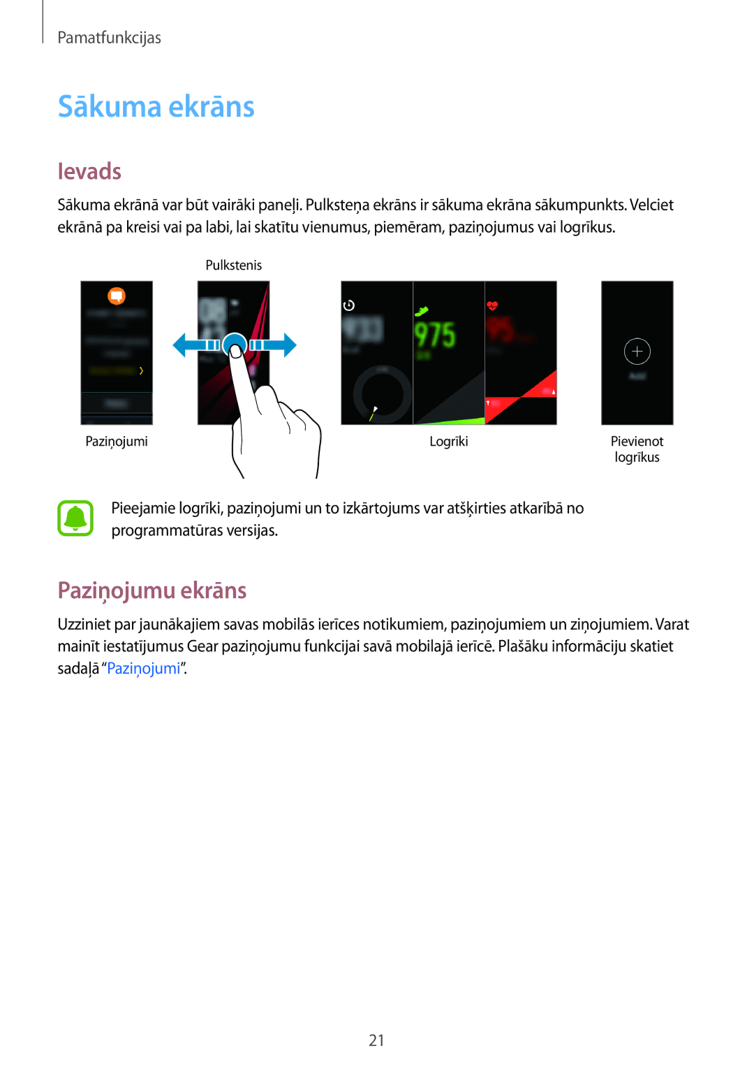 Samsung SM-R365NZRASEB, SM-R365NZRNSEB, SM-R365NZKNSEB, SM-R365NZKASEB manual Sākuma ekrāns, Ievads, Paziņojumu ekrāns 