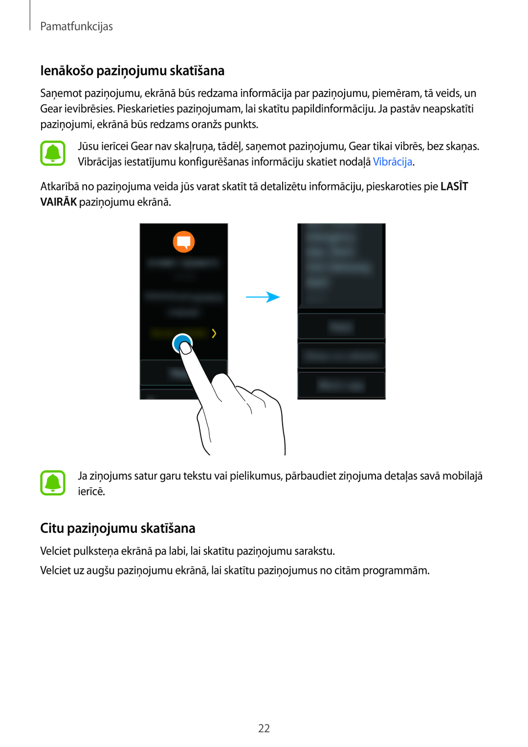 Samsung SM-R365NZKNSEB, SM-R365NZRNSEB, SM-R365NZRASEB manual Ienākošo paziņojumu skatīšana, Citu paziņojumu skatīšana 