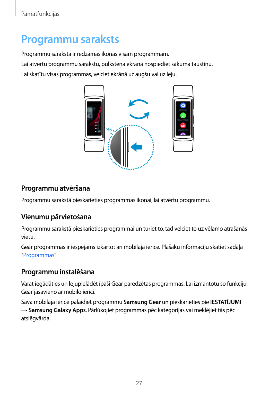 Samsung SM-R365NZKASEB manual Programmu saraksts, Programmu atvēršana, Vienumu pārvietošana, Programmu instalēšana 