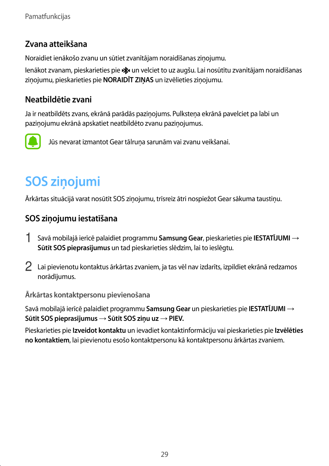 Samsung SM-R365NZRASEB manual SOS ziņojumi, Zvana atteikšana, Neatbildētie zvani, SOS ziņojumu iestatīšana, Norādījumus 