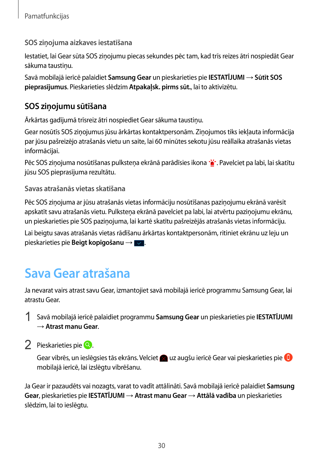 Samsung SM-R365NZKNSEB, SM-R365NZRNSEB, SM-R365NZRASEB, SM-R365NZKASEB manual Sava Gear atrašana, SOS ziņojumu sūtīšana 