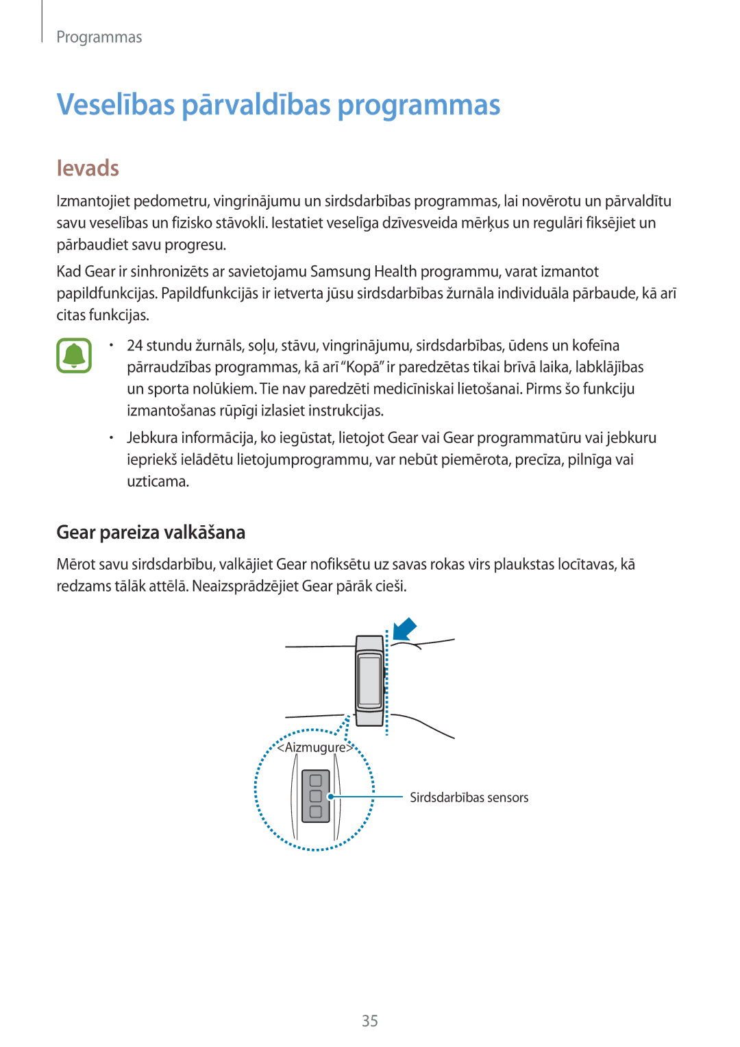 Samsung SM-R365NZKASEB, SM-R365NZRNSEB, SM-R365NZRASEB manual Veselības pārvaldības programmas, Gear pareiza valkāšana 