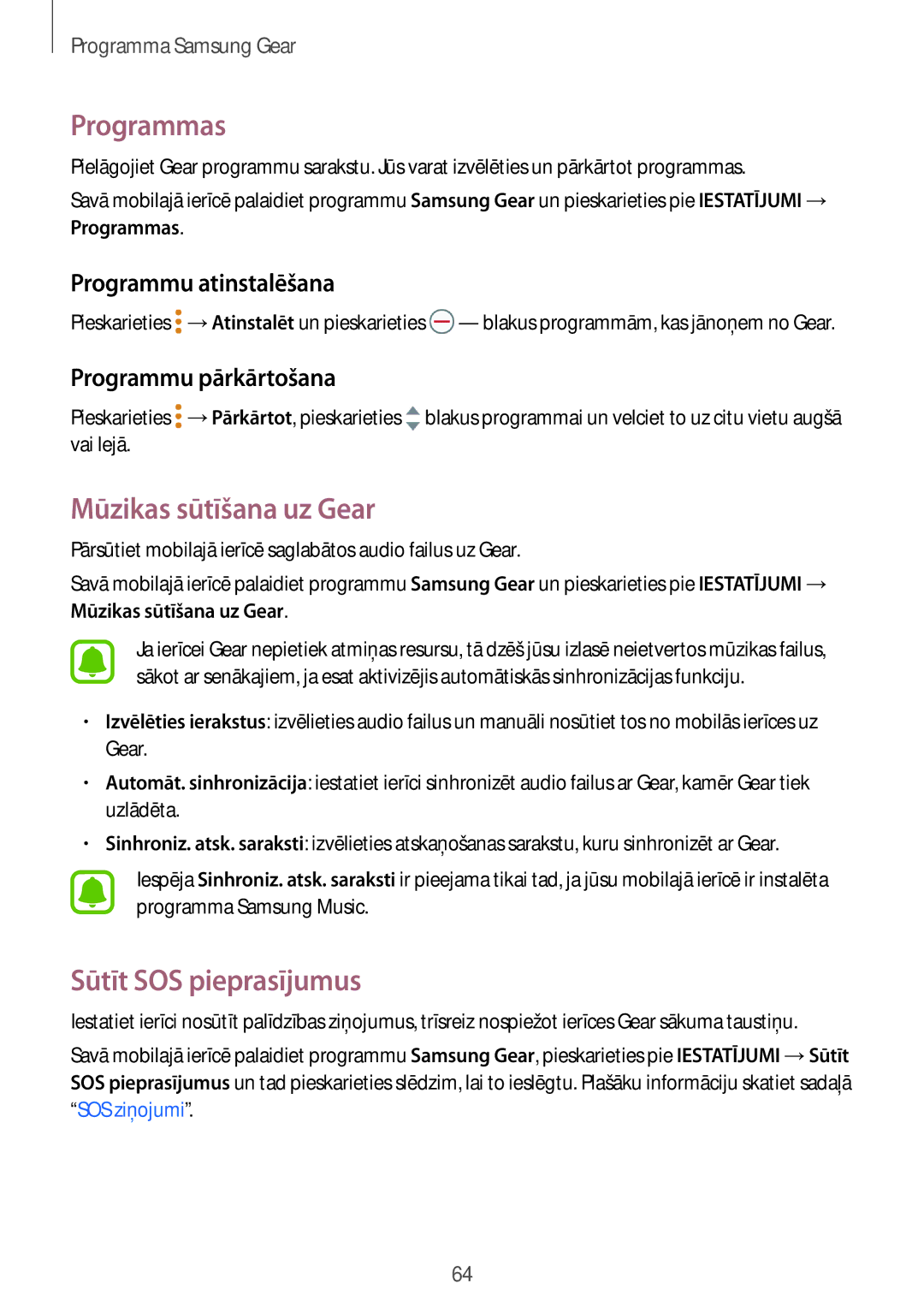 Samsung SM-R365NZRNSEB manual Programmas, Mūzikas sūtīšana uz Gear, Sūtīt SOS pieprasījumus, Programmu pārkārtošana 