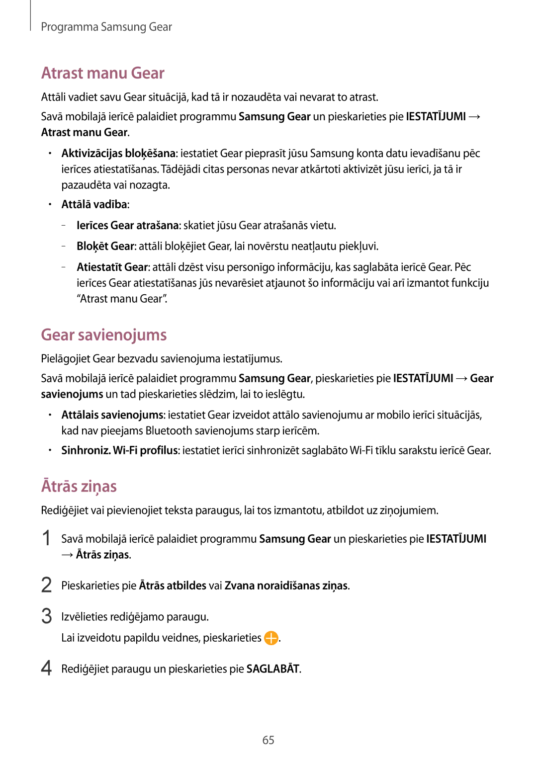 Samsung SM-R365NZRASEB, SM-R365NZRNSEB, SM-R365NZKNSEB, SM-R365NZKASEB manual Atrast manu Gear, Gear savienojums, Ātrās ziņas 