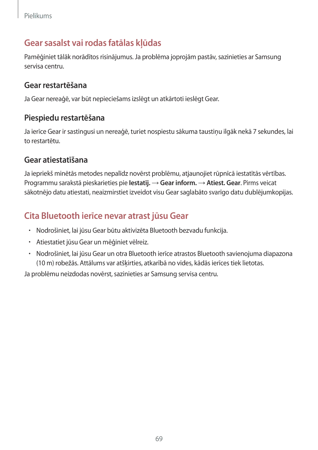 Samsung SM-R365NZRASEB, SM-R365NZRNSEB, SM-R365NZKNSEB, SM-R365NZKASEB manual Piespiedu restartēšana, Gear atiestatīšana 