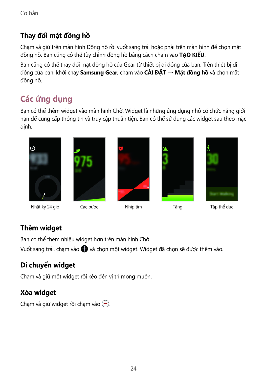 Samsung SM-R365NZRNXXV manual Các ứng dụng, Thay đổi mặt đồng hồ, Thêm widget, Di chuyển widget, Xóa widget 