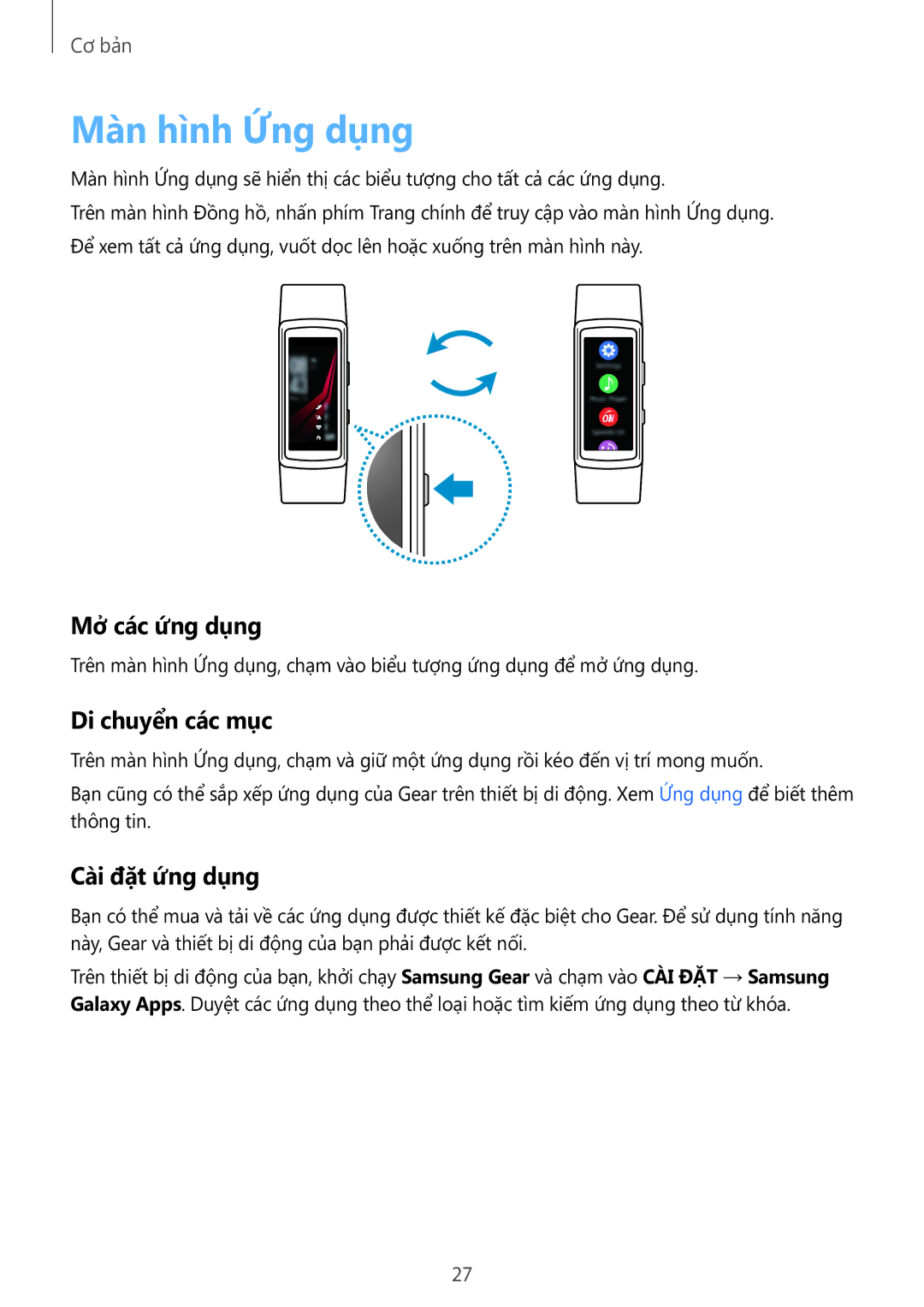 Samsung SM-R365NZRNXXV manual Màn hình Ứng dụng, Mở các ứng dụng, Di chuyển các mục, Cài đặt ứng dụng 