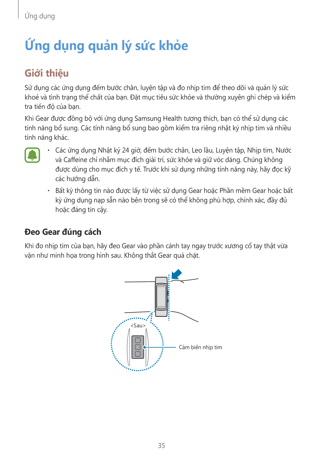 Samsung SM-R365NZRNXXV manual Ứng dụng quản lý sức khỏe, Đeo Gear đúng cách 