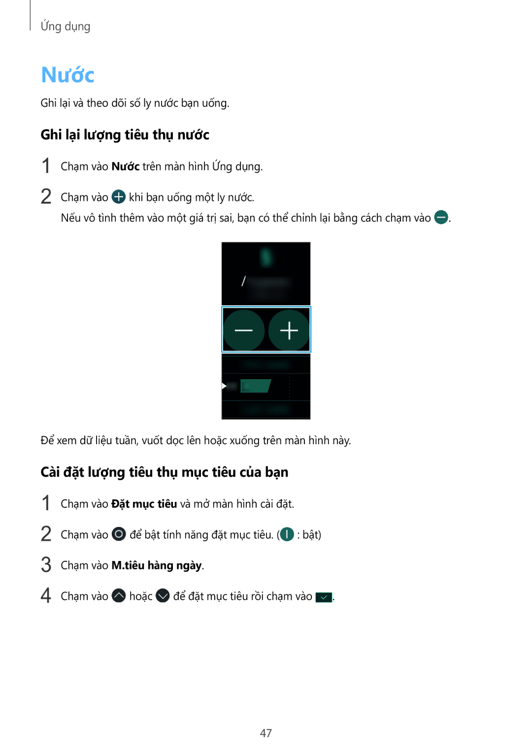 Samsung SM-R365NZRNXXV manual Nước, Ghi lại lượng tiêu thụ nước, Cài đặt lượng tiêu thụ mục tiêu của bạn 