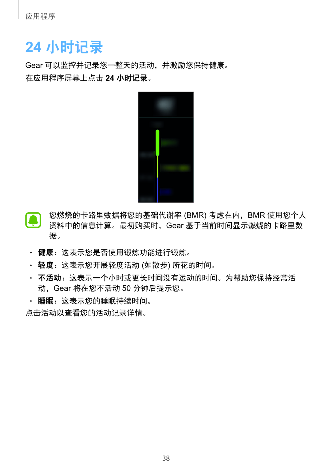 Samsung SM-R365NZRNXXV manual 24 小时记录, 睡眠：这表示您的睡眠持续时间。 点击活动以查看您的活动记录详情。 