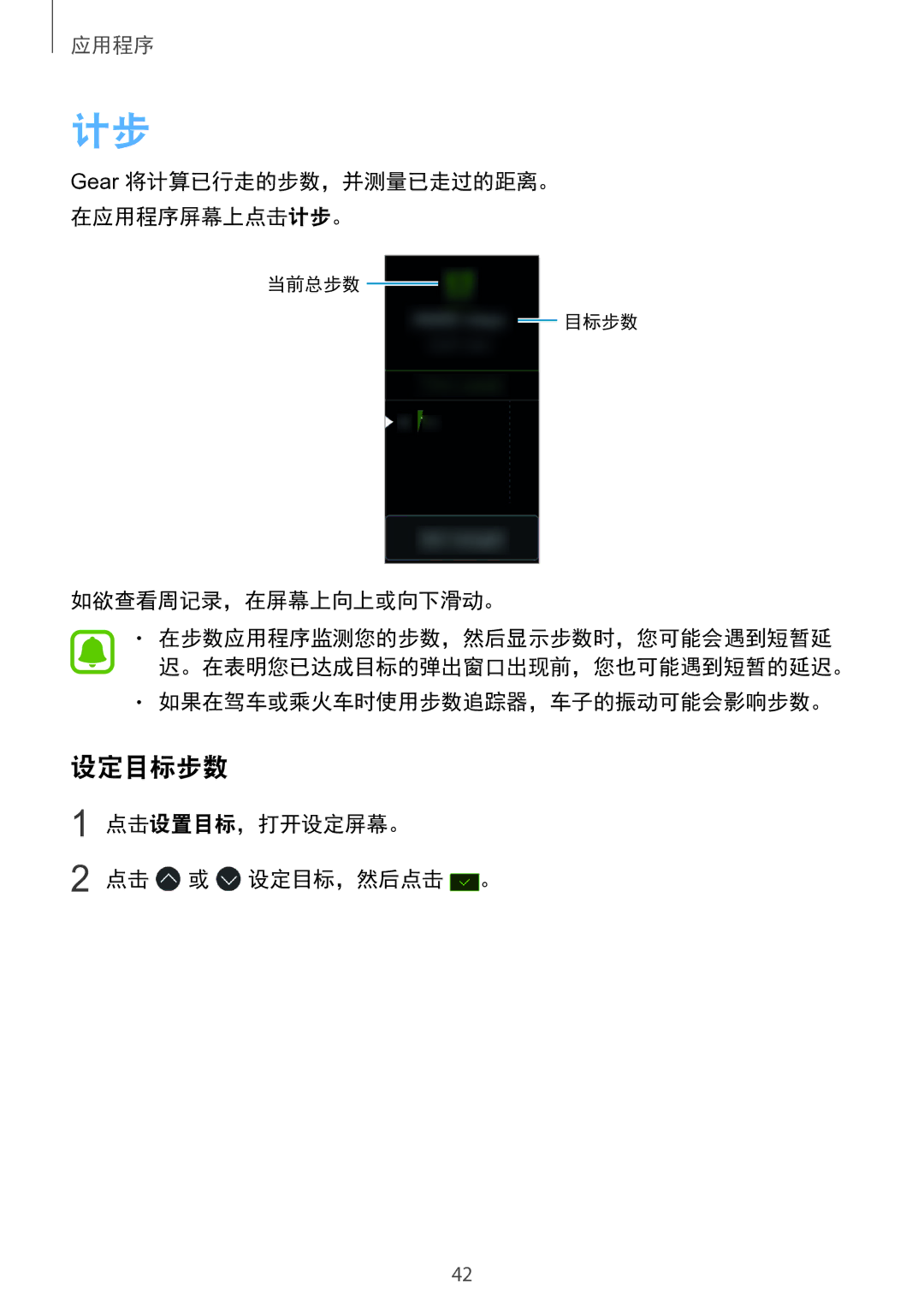 Samsung SM-R365NZRNXXV 设定目标步数, 如欲查看周记录，在屏幕上向上或向下滑动。, 如果在驾车或乘火车时使用步数追踪器，车子的振动可能会影响步数。, 点击设置目标，打开设定屏幕。 点击 或 设定目标，然后点击 。 