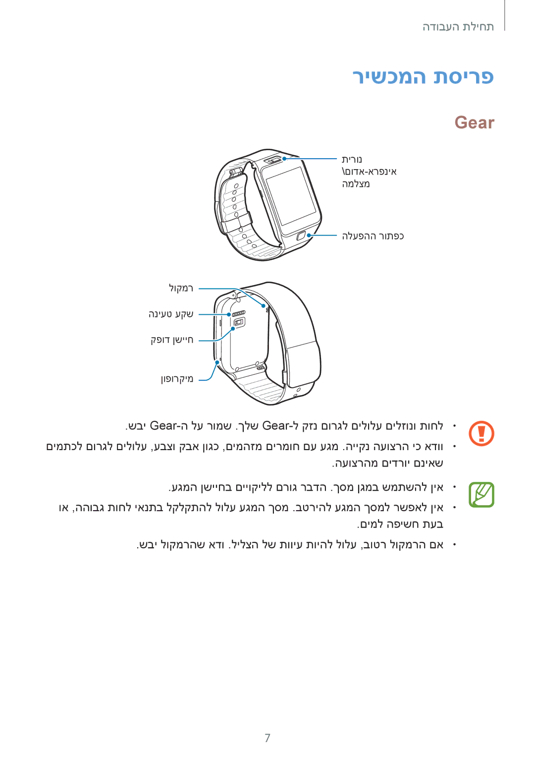 Samsung SM-R3800VSAILO, SM-R3800GNAILO, SM-R3800VSASEE, SM-R3800MOASEE manual רישכמה תסירפ, Gear 