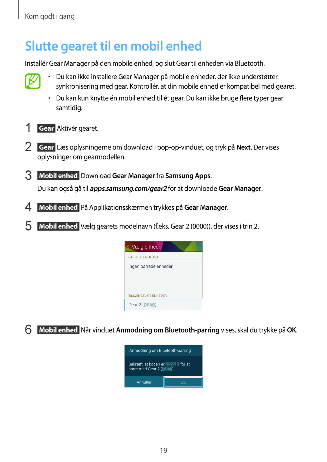 Samsung SM-R3800MOANEE manual Slutte gearet til en mobil enhed,  Mobil enhed Download Gear Manager fra Samsung Apps 