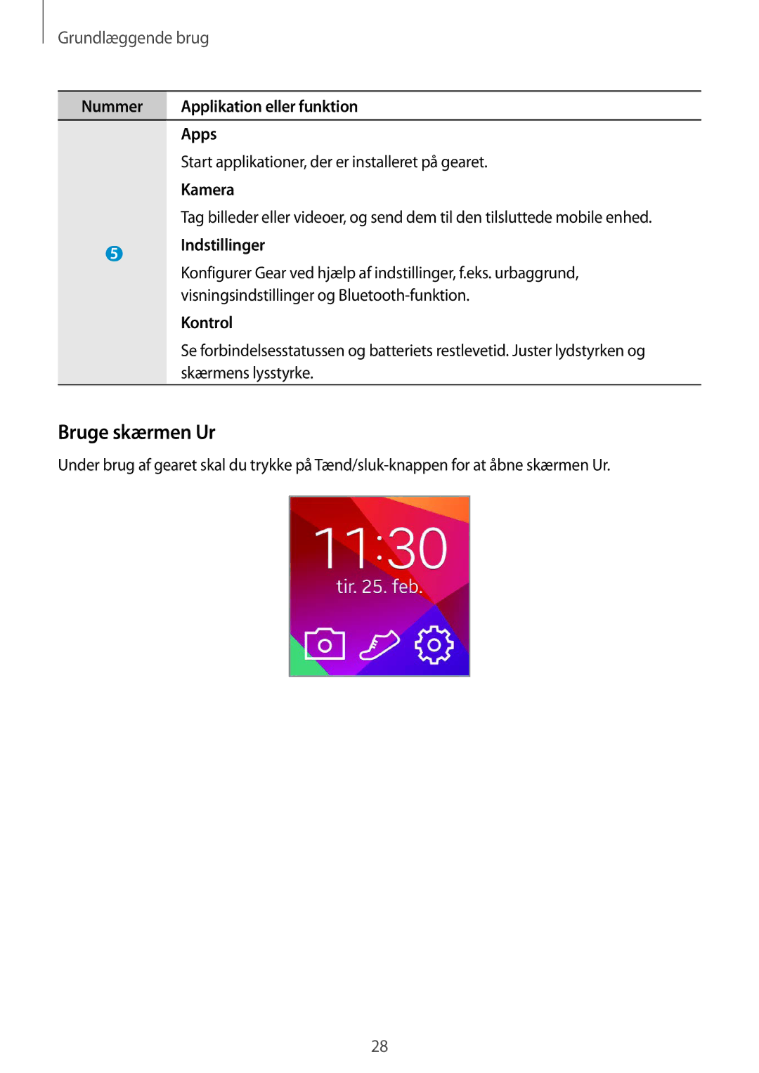 Samsung SM-R3800MOANEE manual Bruge skærmen Ur, Indstillinger, Visningsindstillinger og Bluetooth-funktion, Kontrol 