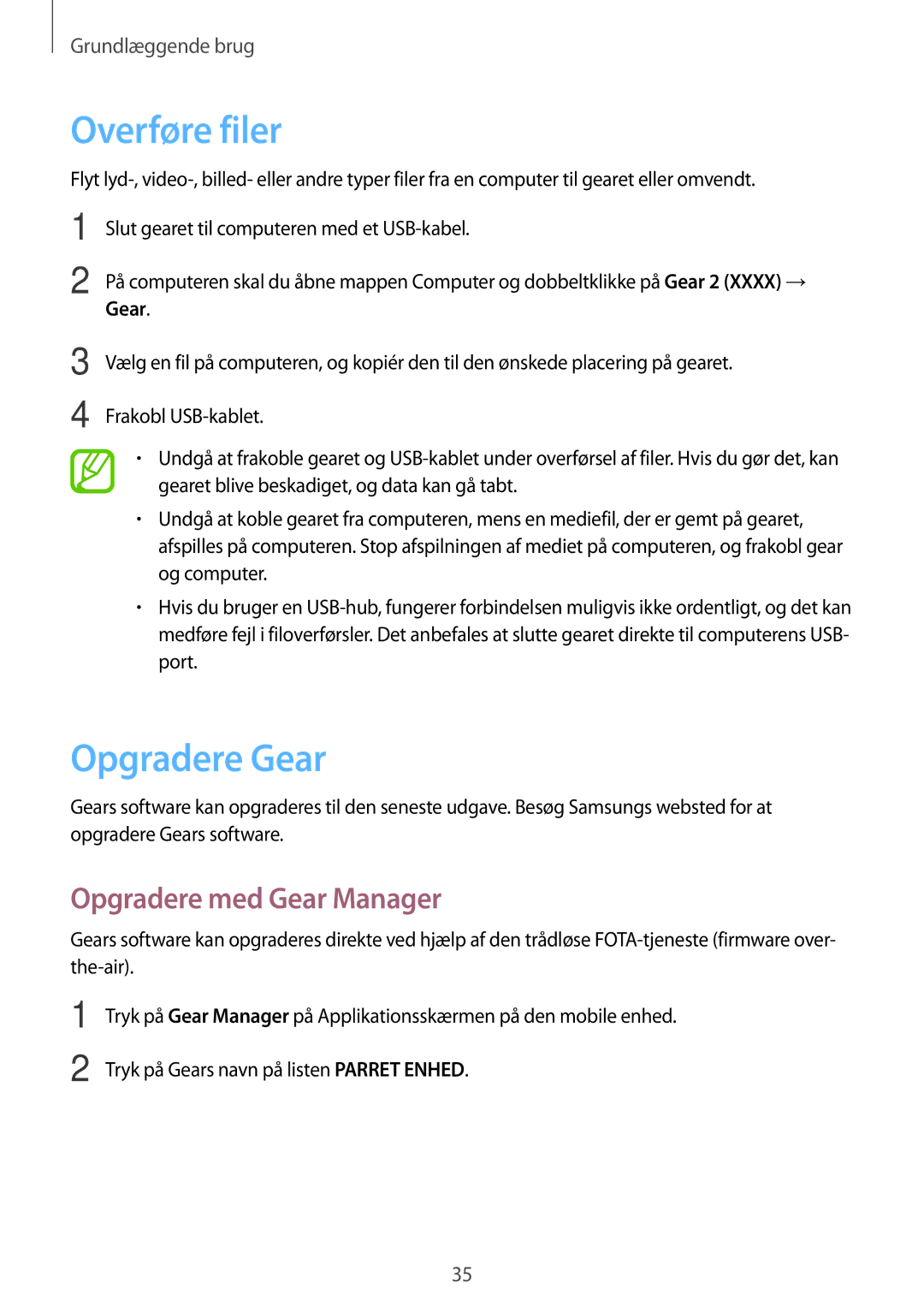 Samsung SM-R3800VSANEE, SM-R3800GNANEE, SM-R3800MOANEE manual Overføre filer, Opgradere Gear, Opgradere med Gear Manager 