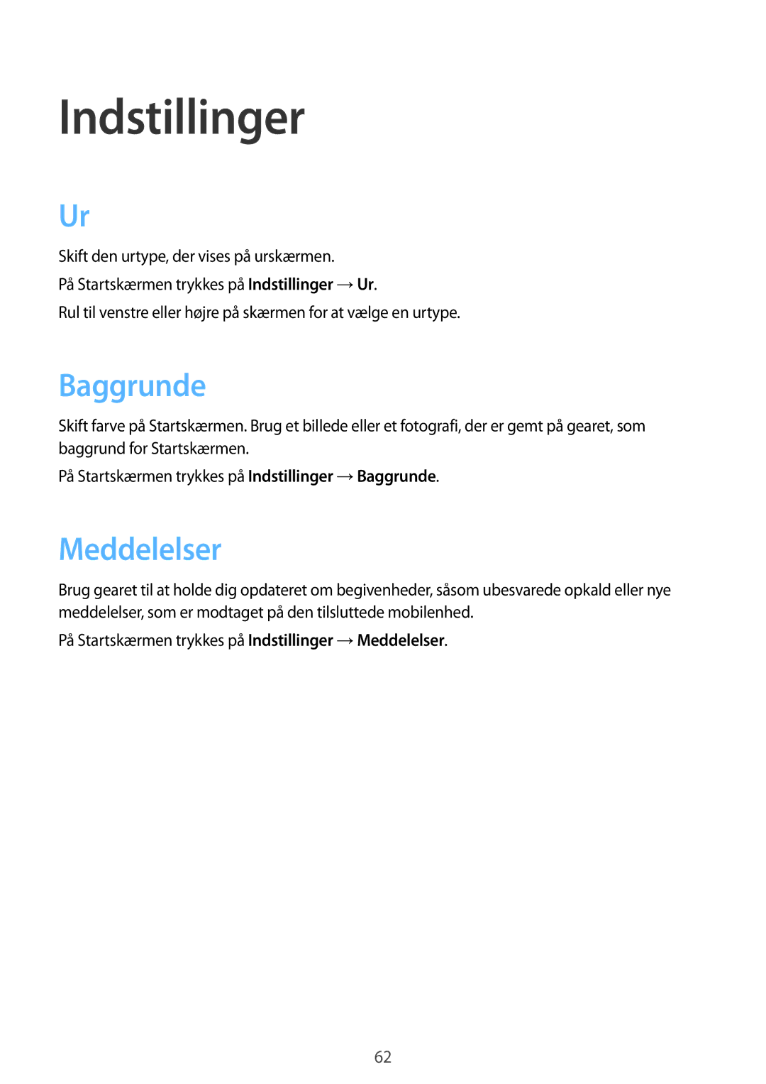 Samsung SM-R3800VSANEE, SM-R3800GNANEE, SM-R3800MOANEE manual Indstillinger, Baggrunde, Meddelelser 