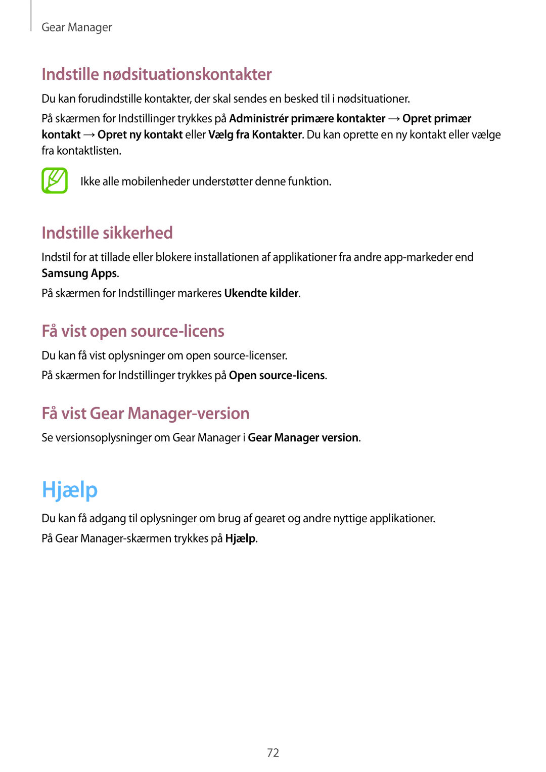 Samsung SM-R3800GNANEE manual Hjælp, Indstille nødsituationskontakter, Indstille sikkerhed, Få vist open source-licens 