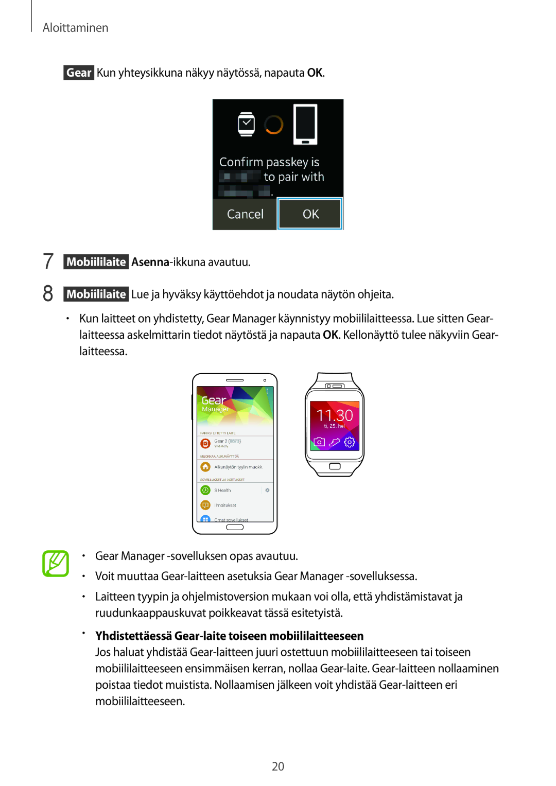 Samsung SM-R3800VSANEE, SM-R3800GNANEE, SM-R3800MOANEE manual Yhdistettäessä Gear-laite toiseen mobiililaitteeseen 